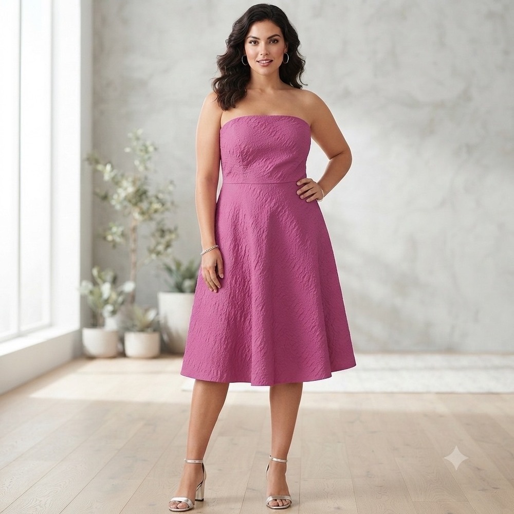 J. Crew Dress Womens 14 Magenta Strapless Textured Fit Flare Cotton Party Preppy